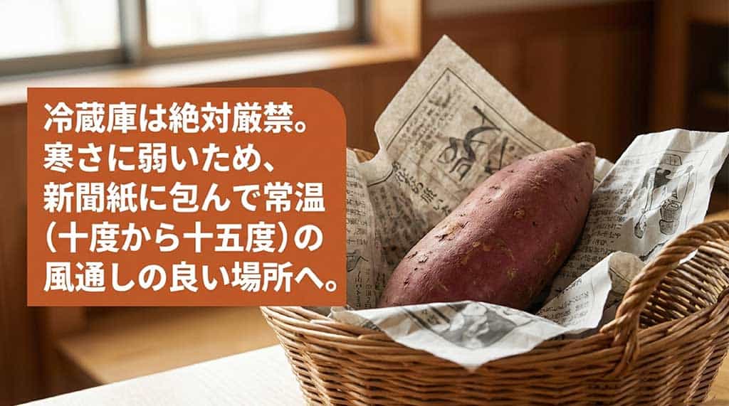 冷蔵庫は絶対厳禁。新聞紙に包んで常温(10度から15度)の風通しの良い場所で保存する手順