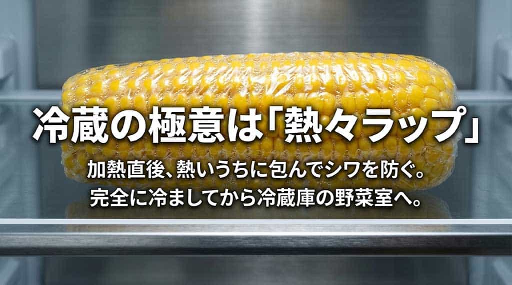 加熱直後の熱いうちにラップで包みシワを防ぎ、冷ましてから野菜室で保存する方法