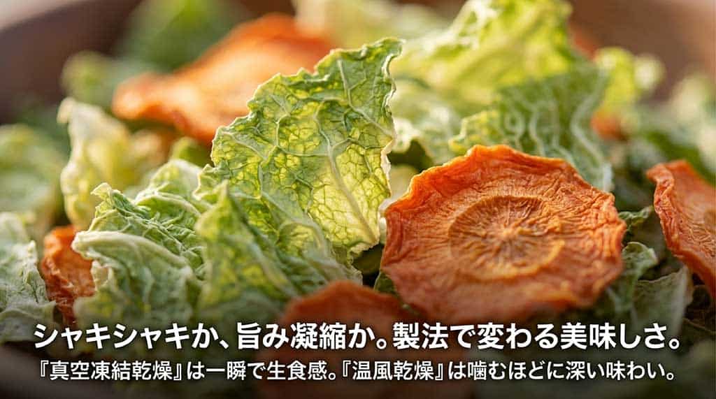 真空凍結乾燥(フリーズドライ)と温風乾燥(エアドライ)の食感と味わいの違いの比較