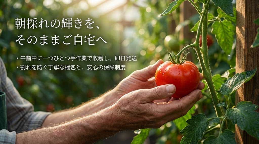 午前中に手作業で収穫し即日発送する体制と、割れを防ぐ梱包・保障制度についての紹介スライド