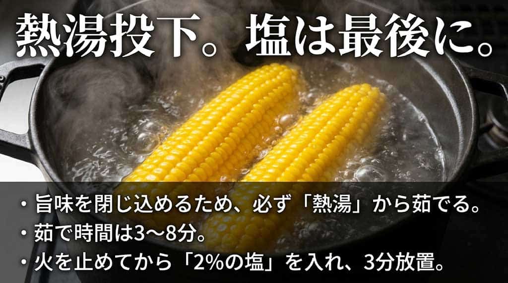熱湯から3〜8分茹で、火を止めてから2%の塩を入れて3分放置する手順