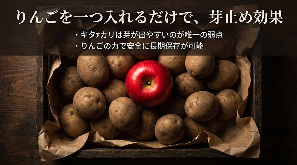 リンゴを一緒に入れることで芽が出るのを防ぎ、安全に長期保存する方法