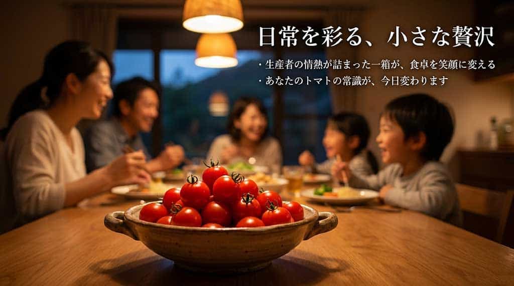 生産者の情熱が詰まった一箱が食卓を笑顔に変えるというメッセージと、まとめのスライド