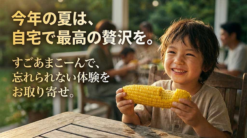 今年の夏はすごあまこーんで忘れられない体験をお取り寄せしよう、というメッセージ画像