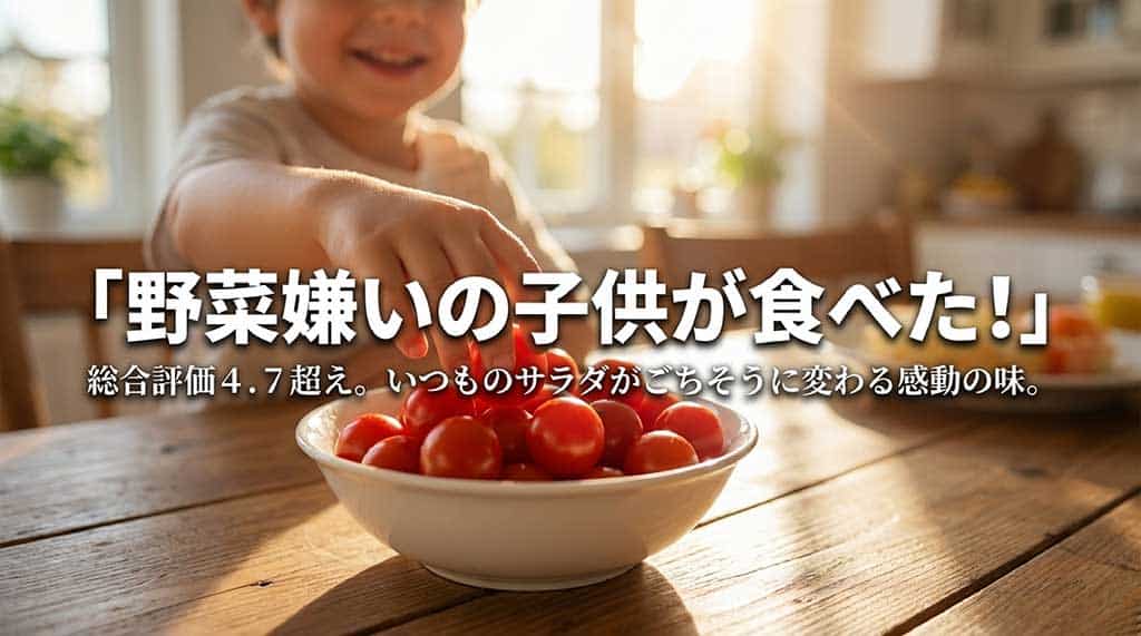 野菜嫌いな子供も食べたと評判で、総合評価4.7を超えるトマランタンの口コミ紹介スライド